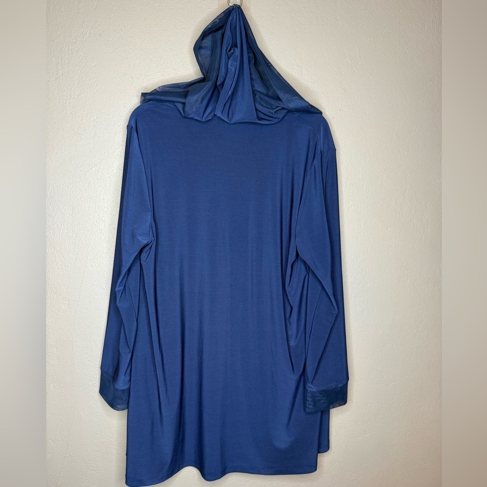 By JJ Navy Blue Duster Hooded Cardigan Size Large Flowy Pockets Long Sleeves - Picture 15 of 15